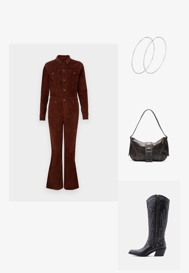 Brun fløjl jumpsuit med krave, lange ærmer, flagrende ben, brystlommer og metalknapdetaljer. Glat tekstur og tætsiddende design.; Sorte cowboystøvler i læder med spids tå, synlige sømme, sølvfarvede nitte-detaljer og lynlås på den indvendige side.; Brun læder skuldertaske med en buet form, der har et fremtrædende spænde, kontrasterende syninger og en enkelt skulderrem.; Sølvøreringe med et minimalistisk design. Cirkulær form, glat tekstur og tynd profil. Letvægtige med en poleret overflade.
