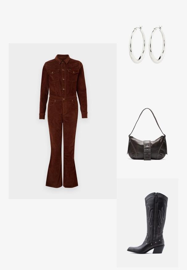Mono de pana marrón con cuello, mangas largas, piernas acampanadas, bolsillos en el pecho y detalles de botones metálicos. Textura suave y diseño ajustado.; Botas vaqueras de cuero negro con puntera puntiaguda, costuras visibles, detalles de tachuelas plateadas y cierre de cremallera en el lado interior.; Bolso de hombro de cuero marrón con forma curva, que presenta un prominente detalle de hebilla, costuras en contraste y una sola correa para el hombro.; Pendientes de aro de plata con un acabado suave y brillante. Forma circular, con un cierre seguro. Diseño sencillo y elegante.