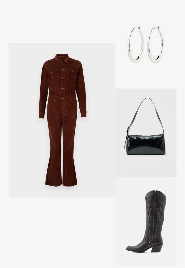 Bruine corduroy jumpsuit met een kraag, lange mouwen, flare benen, borstzakken en metalen knoopaccenten. Vlotte textuur en getailleerd ontwerp.; Bruine leren cowboylaarzen met vlamstiksels, zijrits, zilveren studs, spits toelopende neus en gestapelde hak.; Zwarte rechthoekige schoudertas met een enkele verstelbare band en een bovenste ritssluiting op een effen achtergrond.; Zilveren oorbellen in de vorm van een gladde, glanzende ring. Circulaire vorm, voorzien van een veilige sluiting. Eenvoudig en elegant ontwerp.