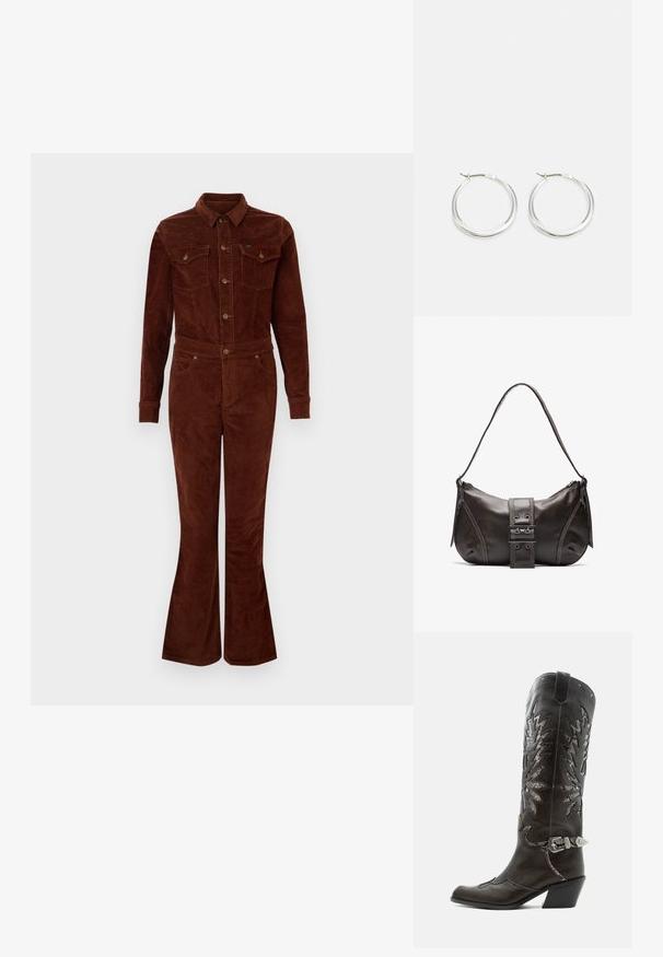 Bruine corduroy jumpsuit met een kraag, lange mouwen, flare benen, borstzakken en metalen knoopaccenten. Vlotte textuur en getailleerd ontwerp.; Zwarte leren cowboylaars met decoratieve uitsnijdingen, zilveren gesp en schuine hak, weergegeven op een witte achtergrond.; Bruine leren schoudertas met een gebogen vorm, voorzien van een opvallende gespdetail, contrasterende stiksels en een enkele schouderband.; Zilveren hoop oorbellen hebben een glad, rond ontwerp met een dun profiel en een veilige sluiting. Minimalistische stijl met een gepolijste afwerking.