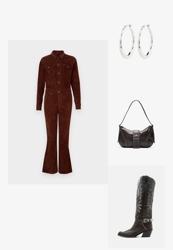 Bruine corduroy jumpsuit met een kraag, lange mouwen, flare benen, borstzakken en metalen knoopaccenten. Vlotte textuur en getailleerd ontwerp.; Zwarte leren cowboylaars met decoratieve uitsnijdingen, zilveren gesp en schuine hak, weergegeven op een witte achtergrond.; Bruine leren schoudertas met een gebogen vorm, voorzien van een opvallende gespdetail, contrasterende stiksels en een enkele schouderband.; Zilveren oorbellen in de vorm van een gladde, glanzende ring. Circulaire vorm, voorzien van een veilige sluiting. Eenvoudig en elegant ontwerp.