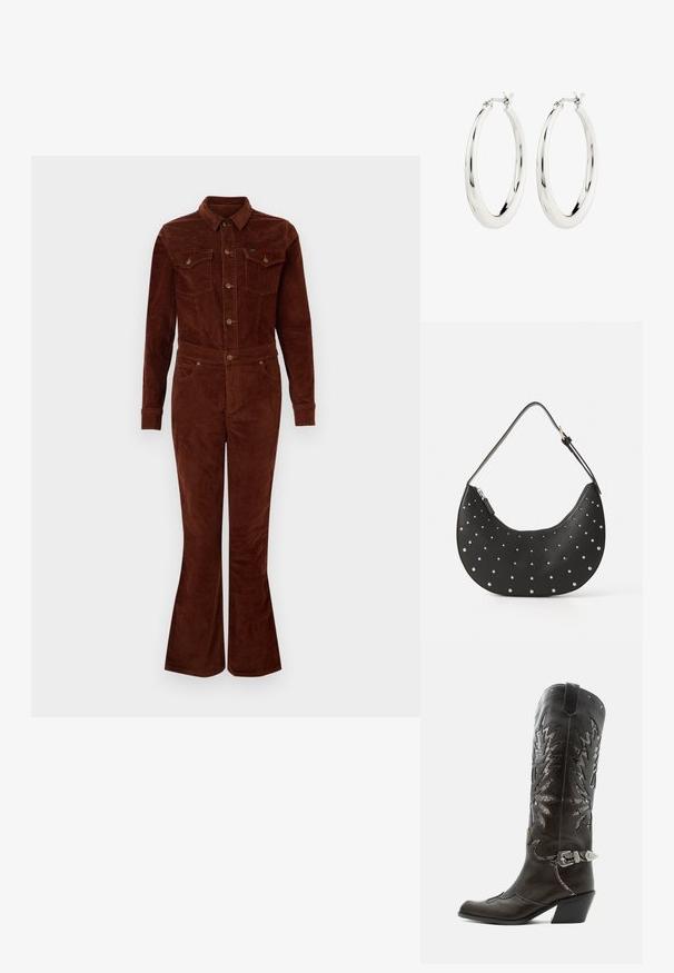 Bruine corduroy jumpsuit met een kraag, lange mouwen, flare benen, borstzakken en metalen knoopaccenten. Vlotte textuur en getailleerd ontwerp.; Zwarte leren cowboylaars met decoratieve uitsnijdingen, zilveren gesp en schuine hak, weergegeven op een witte achtergrond.; Zwarte leren handtas met een gebogen vorm, versierd met zilveren studs, voorzien van een ritssluiting en een enkele verstelbare schouderband.; Zilveren oorbellen in de vorm van een gladde, glanzende ring. Circulaire vorm, voorzien van een veilige sluiting. Eenvoudig en elegant ontwerp.