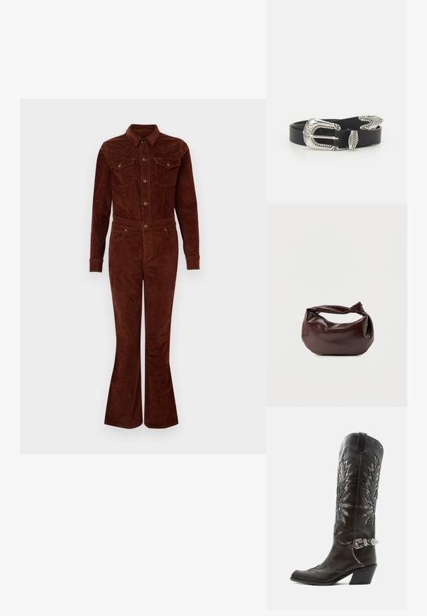 Brun fløjl jumpsuit med krave, lange ærmer, flagrende ben, brystlommer og metalknapdetaljer. Glat tekstur og tætsiddende design.; Sort læder cowboystøvle med dekorative udskæringer, sølvspænde og skrå hæl, vist på hvid baggrund.; Mørkebrun læder skuldertaske med en blød, afslappet form og et snoet knudehåndtag på en ensartet hvid baggrund.; Sort læderbælte med en stor sølvmetalspænde, der har indviklede detaljer og dekorative accenter i begge ender.