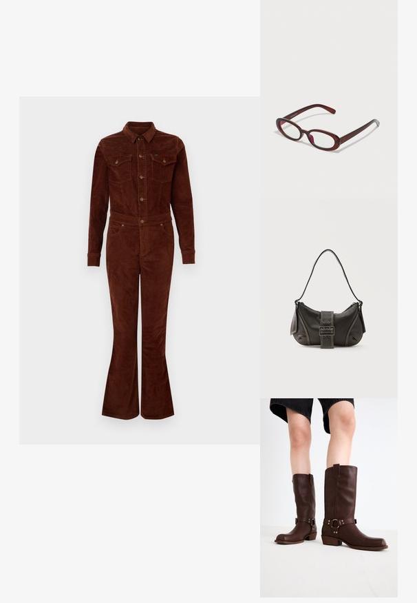 Brun fløjl jumpsuit med krave, lange ærmer, flagrende ben, brystlommer og metalknapdetaljer. Glat tekstur og tætsiddende design.; Brune læder knæhøje støvler med rund tå, struktureret overflade, ankelrem og sølvhardware detaljer; stablet hæl.; Ovale røde solbriller med klare linser og slanke brune stel. Designet har subtile kurver og minimalt hardware.; Sort læder skuldertaske med spænde på remmen, afrundede kanter og kontrasterende hvide syninger på en ensfarvet baggrund.
