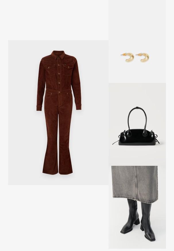 Brauner Corduroy-Overall mit Kragen, langen Ärmeln, lässigen Beinen, Brusttaschen und metallischen Knopfakzenten. Glatte Textur und taillierter Schnitt.; Schwarze knielange Stiefel aus glattem Leder mit quadrater Zehenpartie und Blockabsatz. Getragen mit einem grauen Jeansrock mit ausgefranstem Saum.; Kleine schwarze glänzende Handtasche mit zwei langen Griffen und seitlichen Kordelzug-Details vor einfachem hellem Hintergrund.; Goldene, mondförmige Ohrringe mit glatter Oberfläche, die orangefarbene Akzente nahe dem Stecker und silberne Beschläge aufweisen.