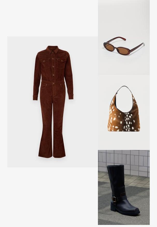 Mono de pana marrón con cuello, mangas largas, piernas acampanadas, bolsillos en el pecho y detalles de botones metálicos. Textura suave y diseño ajustado.; Bota de cuero negra a media pantorrilla con tacón bajo y una correa decorativa con hebilla metálica, apoyada sobre una superficie pavimentada gris cerca de una pared alicatada.; Gafas de sol redondas con tinte marrón y un marco burdeos brillante. Patillas delgadas con un sutil detalle de marca. Diseño de lentes planos.; Bolso marrón y negro con textura de piel blanca con manchas y una sola correa negra para el hombro sobre un fondo liso.