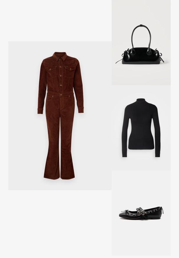 Bruine corduroy jumpsuit met een kraag, lange mouwen, flare benen, borstzakken en metalen knoopaccenten. Vlotte textuur en getailleerd ontwerp.; Zwarte coltrui gemaakt van lichte brei stof. Heeft lange mouwen, een aansluitend design en een zachte ribbeltextuur.; Zwarte platte balletschoen met dubbele gespsluitingen, zilveren oogjes en een klein strikje nabij de afgeronde neus op een witte achtergrond.; Kleine zwarte glanzende handtas met twee lange hengsels en zijkant trekkoord details op een effen lichte achtergrond.