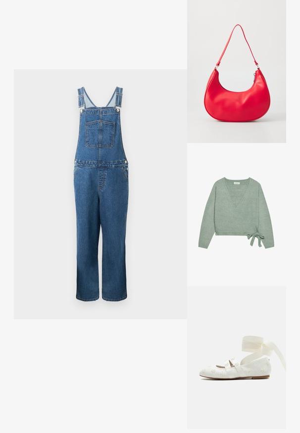 Denim overalls med justerbare stropper, en frontlomme og sidelommer. Farven er en mellemblå med en let falmet struktur.; Grøn indpakningscardigan i blødt strikmateriale med V-halsudskæring, lange ærmer og en bånddetalje i taljen. Glat tekstur, cropped design.; Hvid balletfladskor med broderede blomster, dobbelte remme hen over foden og lange bånd til at binde om anklen på en ensfarvet baggrund.; Rød syntetisk læder skuldertaske med en buet form, slank rem og lynlås lukning. Glat tekstur med synlige syninger.