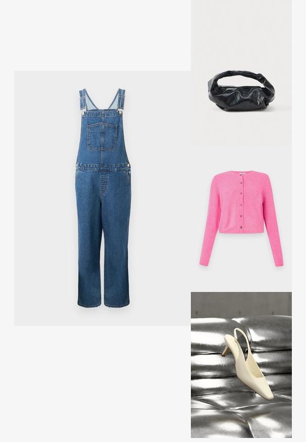 Denim overalls med justerbare stropper, en frontlomme og sidelommer. Farven er en mellemblå med en let falmet struktur.; Lyserød cropped cardigan lavet af blødt materiale, med lange ærmer, rund halsudskæring og seks forknapper med dekorative detaljer.; Kremfarvet slingback kitten heel sko med firkantet tå hviler på en skinnende sølv tuftet læderoverflade.; Sort taske lavet af blankt, tekstureret materiale med et cirkulært, snoet håndtag og lynlås. Har et blødt, rynket design.