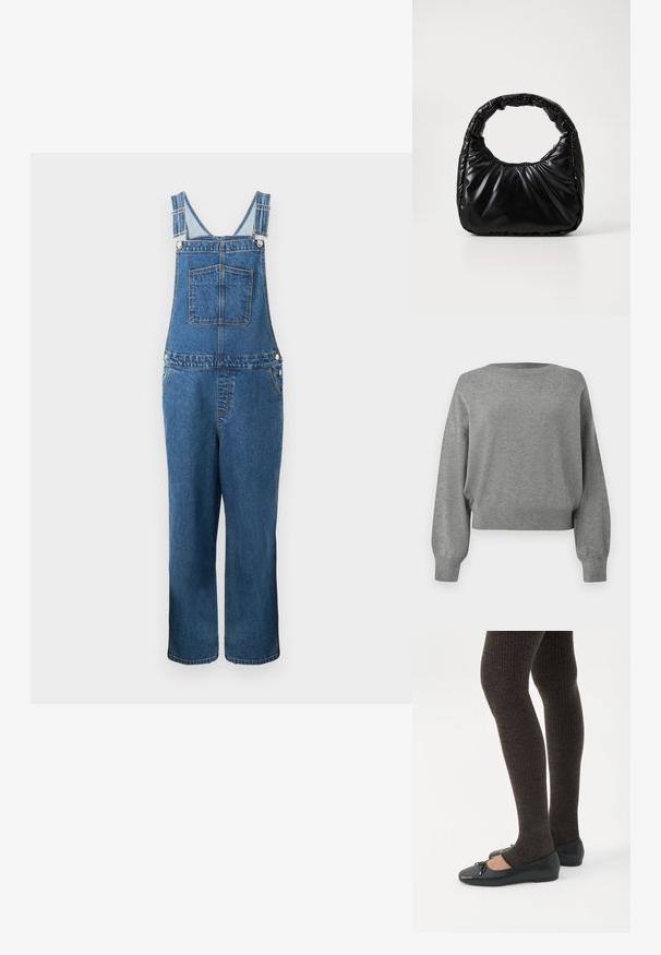 Denim overalls med justerbare stropper, en frontlomme og sidelommer. Farven er en mellemblå med en let falmet struktur.; Grå cropped sweater lavet af blød strik, med rund halsudskæring og lange ærmer med ribbede manchetter og kant.; Ben iført mørke ribbede leggings kombineret med sorte balletsko med små sløjfedetaljer på hvid baggrund.; Sort polstret håndtaske med et rundt håndtag, der har en glat, skinnende overflade og en blød, kviltet tekstur. Ingen synlige hardware eller accenter.