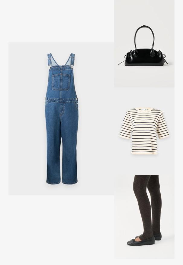 Jeanssalopette met verstelbare bandjes, een voorzak en zijzakken. De kleur is een middeldonkere blauwe tint met een licht vervaagde structuur.; Gestreept T-shirt met korte mouwen en een ronde hals, met een lichtbeige basis en donkerblauwe horizontale strepen. Zachte stof en een ontspannen pasvorm.; Benen met donkere geribbelde leggings gecombineerd met zwarte ballerina's met kleine strikdetails op een witte achtergrond.; Kleine zwarte glanzende handtas met twee lange hengsels en zijkant trekkoord details op een effen lichte achtergrond.