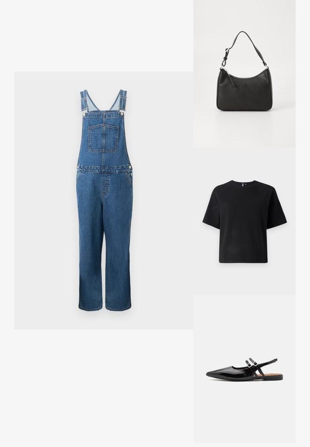 Jeanssalopette met verstelbare bandjes, een voorzak en zijzakken. De kleur is een middeldonkere blauwe tint met een licht vervaagde structuur.; Zwarte t-shirt met korte mouwen, gemaakt van een zachte stof, met een klassieke ronde hals en een relaxte pasvorm met raglanmouwen.; Zwarte gepatineerde leren slingback schoenen hebben een spitse neus, twee banden met gespsieraden en een platte zool.; Zwarte leren handtas met een gebogen vorm, een enkele schouderband, ritsluiting en subtiele branding aan de voorkant. Glad textuur, minimalistisch ontwerp.