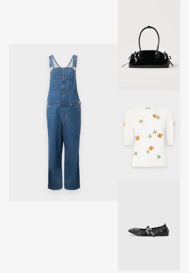 Denim overalls med justerbare stropper, en frontlomme og sidelommer. Farven er en mellemblå med en let falmet struktur.; Hvid pullover-sweater med korte pufærmer, prydet med blomsterbroderi i orange, grøn og gul. Klassisk rund halsudskæring og ribbet kant.; Sorte læder flade sko med spids tå, samling detaljer omkring åbningen, og en sølv spænde accent på den justerbare rem.; Lille sort blank håndtaske med to lange håndtag og snøre-detaljer i siden på en ensfarvet lys baggrund.