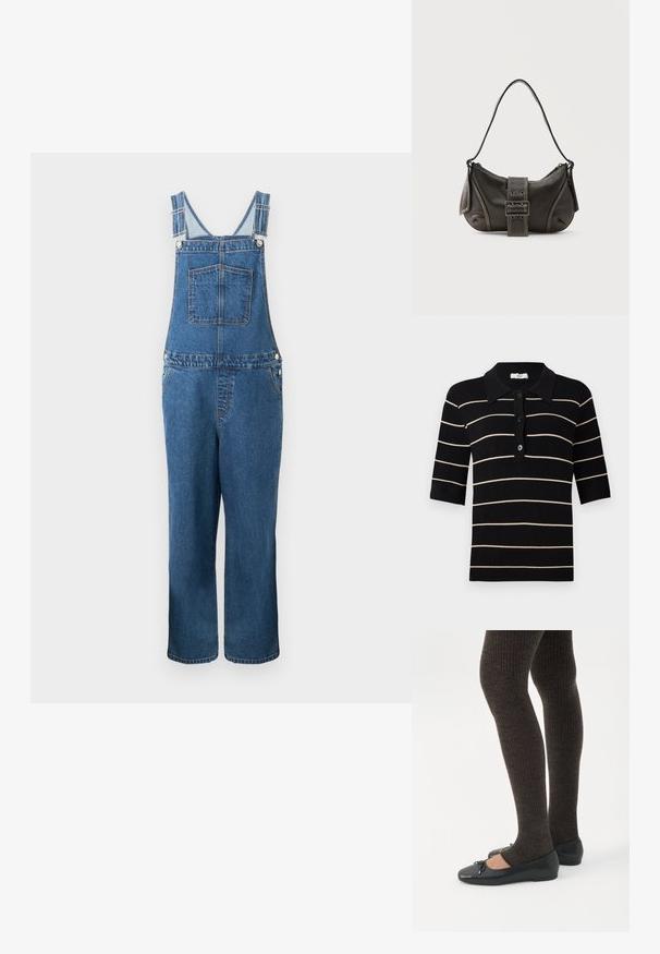 Denim overalls med justerbare stropper, en frontlomme og sidelommer. Farven er en mellemblå med en let falmet struktur.; Sort og creme-stribet polo skjorte med korte ærmer, knaplukning foran og ribbet krave. Fremstillet af strikket stof med en glat overflade.; Ben iført mørke ribbede leggings kombineret med sorte balletsko med små sløjfedetaljer på hvid baggrund.; Sort læder skuldertaske med spænde på remmen, afrundede kanter og kontrasterende hvide syninger på en ensfarvet baggrund.