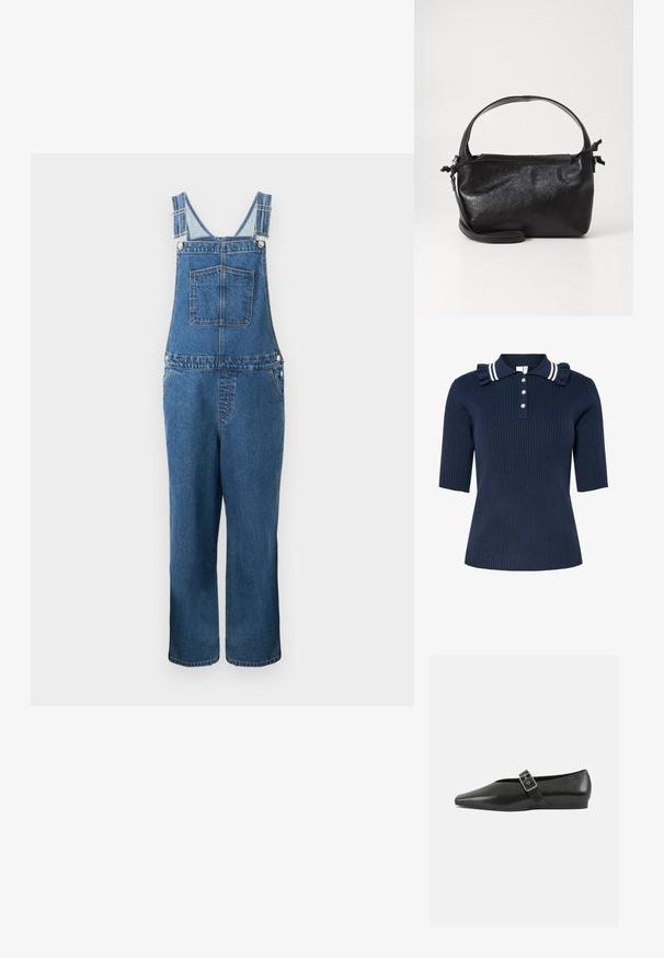 Denim overalls med justerbare stropper, en frontlomme og sidelommer. Farven er en mellemblå med en let falmet struktur.; Marineblå ribstrikket polo med korte ærmer, med en stribet krave og flæsedetalje, lukket med tre knapper foran.; Sorte læder flade sko med spidse tæer, prydet med en metallisk spænde over vristen og en lav, fleksibel sål.; Sort læderhåndtaske med et struktureret design, rund tophåndtag og aftagelig skulderrem. Den har en glat tekstur og en subtil glans.