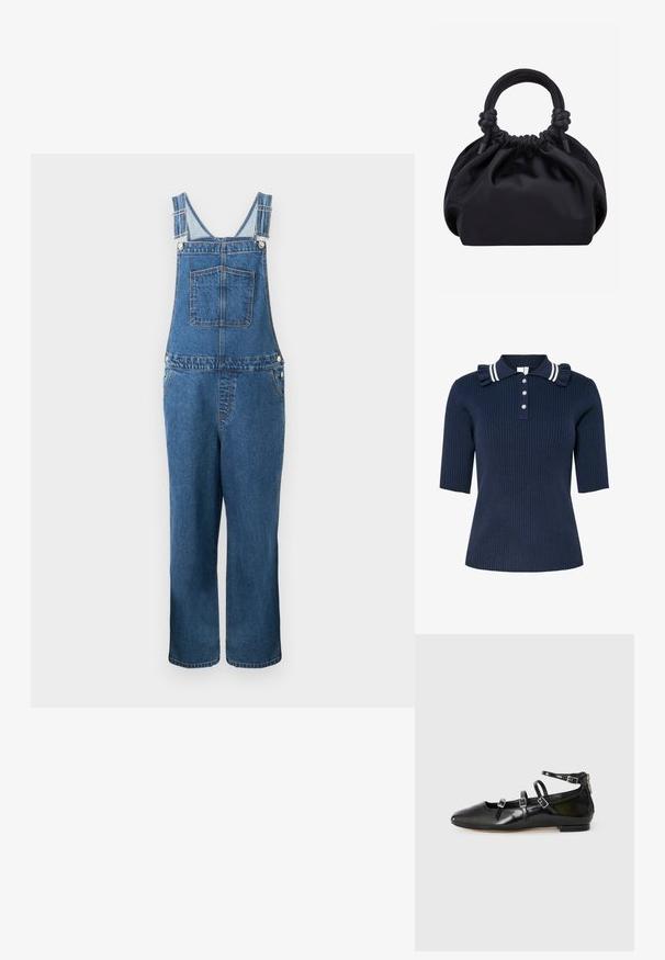 Salopette en denim avec des bretelles réglables, une poche frontale et des poches latérales. La couleur est un bleu moyen avec une texture légèrement décolorée.; Polo bleu marine côtelé à manches courtes, doté d'un col rayé et d'un détail volanté, fermé par trois boutons à l'avant.; ALDO NELTA - Ballerines - black; Sac à main en tissu noir doux avec haut froncé et poignées circulaires rembourrées nouées de chaque côté.