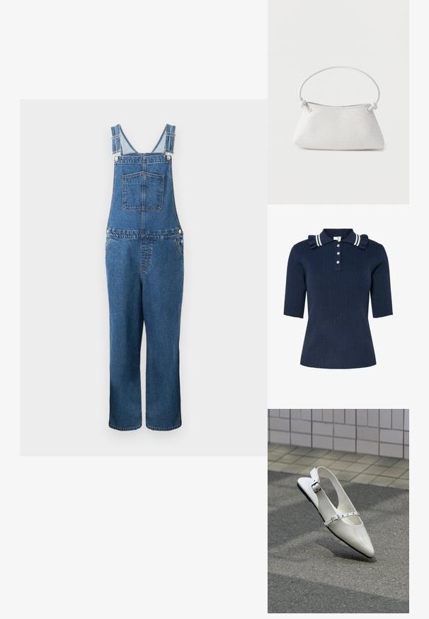 Jeanssalopette met verstelbare bandjes, een voorzak en zijzakken. De kleur is een middeldonkere blauwe tint met een licht vervaagde structuur.; Marineblauw geribd poloshirt met korte mouwen, voorzien van een gestreepte kraag en volantdetail, vooraan gesloten met drie knopen.; Witte puntige slingback platte schoen met twee zilveren gespen, getoond buiten op een getextureerde ondergrond en betegelde muur als achtergrond.; Witte handtas van gevlochten leer met een afgeronde handgreep en uiteinden van de band die geknoopt zijn, afgebeeld tegen een effen achtergrond.