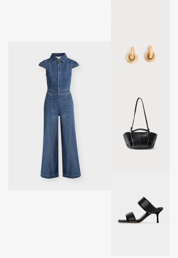 Combinaison en denim bleu sans manches avec jambes larges, fermeture éclair avant, col structuré et détails de coutures sur toute la surface.; Sandale mule en cuir noir avec deux larges brides et un talon stiletto fin de hauteur moyenne sur un fond clair uni.; Sac à main en cuir noir avec une silhouette courbe, des côtés froncés, une anse tressée et une longue bandoulière fine sur fond blanc.; Paire de boucles d'oreilles créoles dorées et brillantes avec des maillons circulaires épais sur un fond gris clair uni.