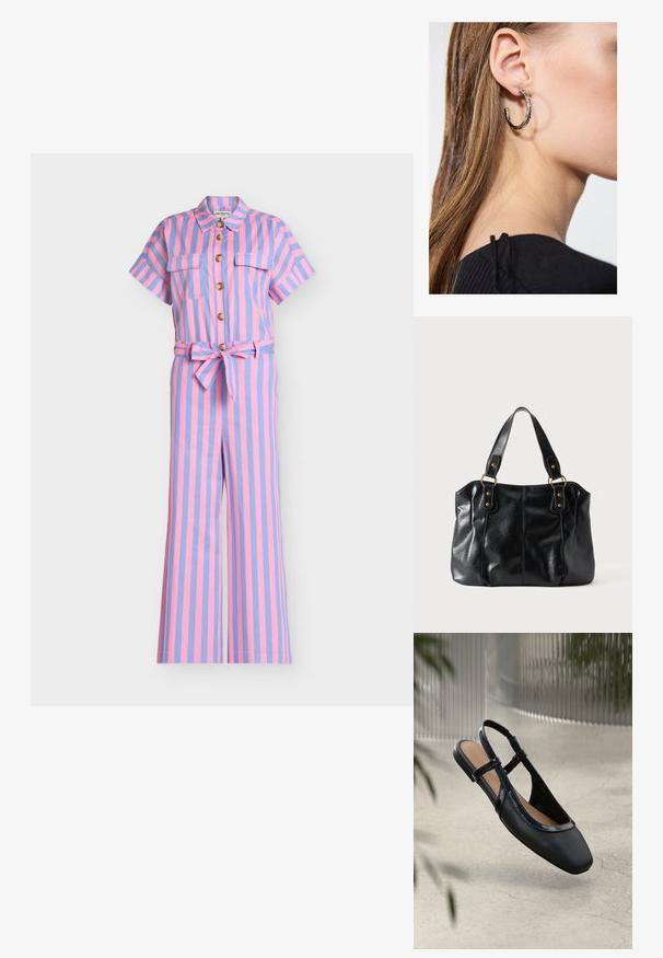Combinaison à manches courtes boutonnée avec des rayures verticales roses et lavande, poches poitrine, boutons en bois et ceinture assortie en tissu nouée à la taille.; Chaussure plate slingback en cuir noir avec un orteil carré, dotée d'un fini verni brillant et de sangles ajustables pour un maintien sécurisé.; Sac à épaule en cuir noir avec double anses attachées par des anneaux et rivets dorés, surface lisse et légèrement brillante, design simple.; Boucle d'oreille en argent avec une finition polie, présentant de petits détails en or et de forme ronde, portée sur le lobe.