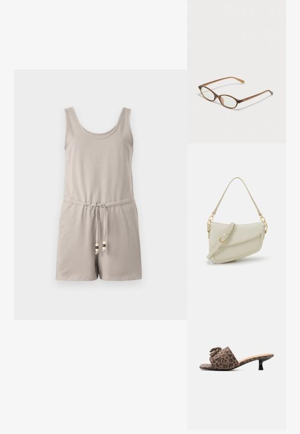 Combinaison en coton gris clair avec encolure dégagée, design sans manches, taille élastique et cordon de serrage avec des accents en perles en bois.; Mule sandale à imprimé léopard marron avec talon bas noir et pampilles décoratives sur une large bride.; Lunettes en écaille de tortue marron avec des verres ovales, des branches fines et des accents transparents. Présente un logo subtil sur la branche. Design élégant et léger.; Petit sac à main crème avec une finition texturée, une longue sangle réglable, un accent en chaîne et une fermeture à rabat. Détails en matériel doré.