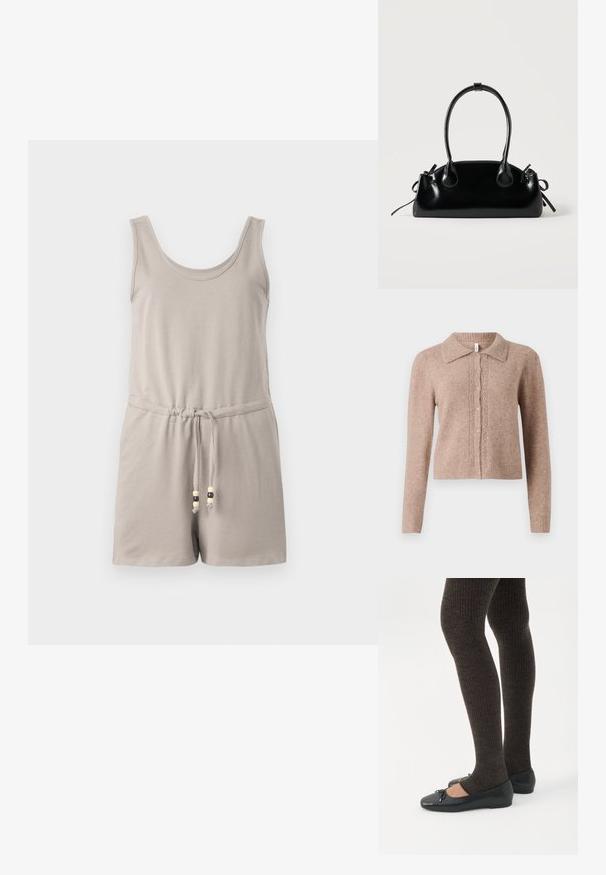Combinaison en coton gris clair avec encolure dégagée, design sans manches, taille élastique et cordon de serrage avec des accents en perles en bois.; Cardigan en tricot beige avec col, décoré de boutons ornementaux et de subtils ornements sur le devant. Texture douce, ourlet côtelé.; Jambes portant des leggings côtelés foncés associés à des ballerines noires avec de petits détails en nœud sur fond blanc.; Petit sac à main noir brillant avec deux longues anses et des détails à cordon sur les côtés sur un fond clair uni.