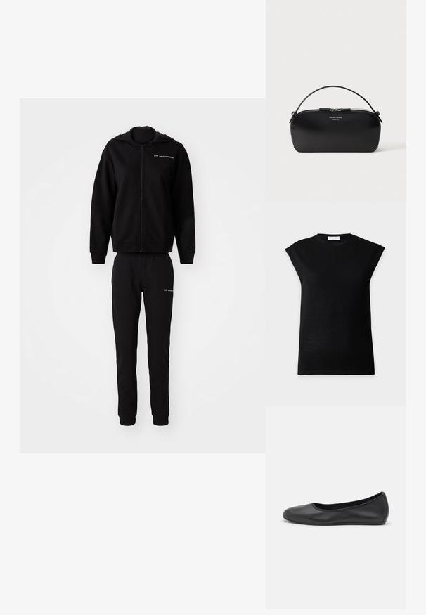 Sort sweatshirt og matchende joggers, lavet af blødt stof. Hættejakke med lynlås, elastiske manchetter og talje. Logo trykt på begge dele.; Sort ærmeløs striktop med polstrede skuldre og rund hals, vist på en enkel lysegrå baggrund.; Sort læderballetsko med rund tå, glat tekstur, minimal syning og et fleksibelt såldesign.; Sort læderhåndledstaske med sølv lynlås og kort hank, prægede Emporio Armani Milano 1981-logo foran.