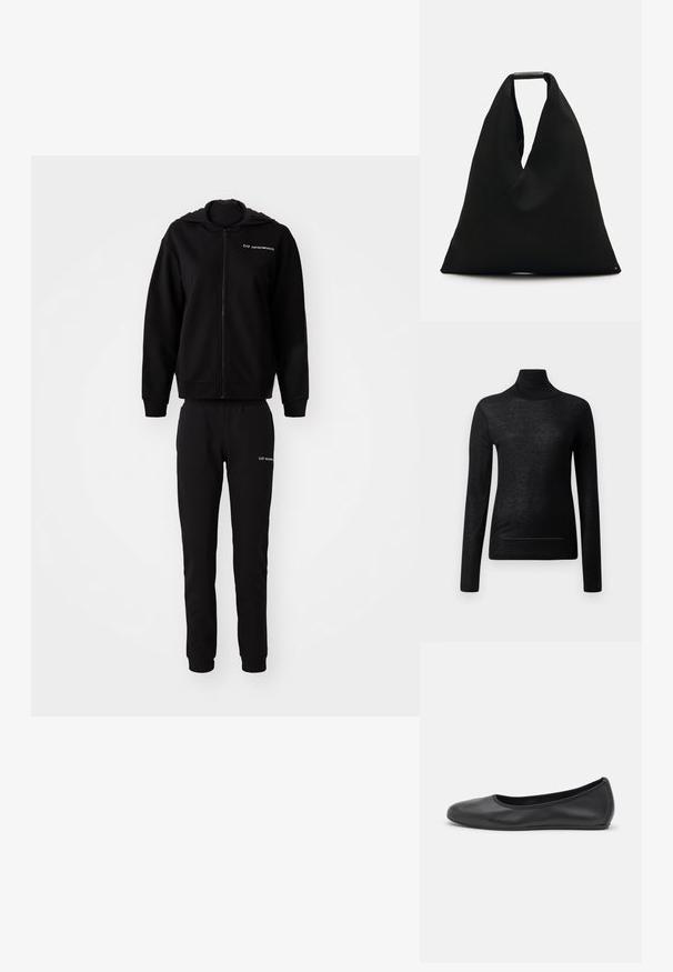 Sudadera negra y pantalones jogger a juego, hechos de una tela suave. Sudadera con capucha y cierre de cremallera, puños y cintura elásticos. Logo impreso en ambas piezas.; Top negro de manga larga y cuello alto, fabricado en tejido ligero, con un diseño ajustado y detalles de costura mínimos, ideal para superponer.; Bailarina de piel negra con punta redondeada, textura suave, detalle de costura minimalista y diseño de suela flexible.; Bolsa de tela negra con un diseño en forma de V único y una textura suave. Presenta un asa corta con un detalle de hardware minimalista.