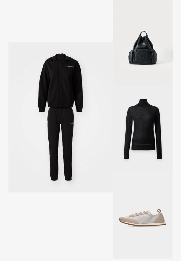 Sudadera negra y pantalones jogger a juego, hechos de una tela suave. Sudadera con capucha y cierre de cremallera, puños y cintura elásticos. Logo impreso en ambas piezas.; Top negro de manga larga y cuello alto, fabricado en tejido ligero, con un diseño ajustado y detalles de costura mínimos, ideal para superponer.; Zapatilla de deporte beige claro con cordones blancos, detalles de ante en la puntera y el talón, laterales de tela suave y una delgada suela de goma color canela, vista lateral.; Mochila negra de cuero con cordón, con bolsillos delanteros y laterales con cremallera, con el logo "EA7 Emporio Armani" en relieve en el bolsillo delantero.