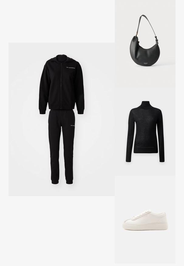 Sort sweatshirt og matchende joggers, lavet af blødt stof. Hættejakke med lynlås, elastiske manchetter og talje. Logo trykt på begge dele.; Sort langærmet turtle neck top lavet af letvægtsstof, med en tætsiddende design og minimale sømdetaljer, velegnet til lagdeling.; Hvid lav sneaker med tyk sål, snørelukning foran og subtil Armani Exchange branding på siden og sålen, vist på en ensfarvet baggrund.; Sort læder skuldertaske i halvmåneform med justerbar rem og lille hvid logo tekst foran mod en lys baggrund.