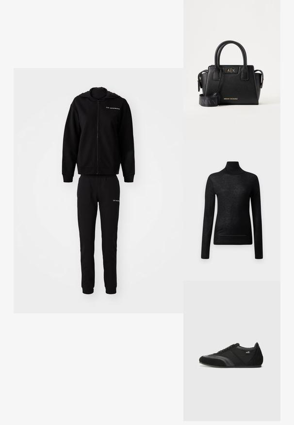 Schwarzer Kapuzenpullover und passende Jogginghose, aus weichem Stoff. Kapuzenpullover mit Reißverschluss, elastischen Bündchen und Gummizugbund. Logo auf beiden Teilen bedruckt.; Schwarzes Langarm-Turtleneck-Oberteil aus leichtem Stoff, mit taillierter Passform und minimalen Nahtdetails, ideal zum Lagenlook.; Schwarze Sportschuhe aus Wildleder und Textil mit niedrigem Profil, Schnürdesign, strukturierter Oberfläche und dezenten seitlichen Akzenten.; Schwarze Armani Exchange Handtasche mit zwei Griffen, goldenem Markenlogo auf der Vorderseite und einem breiten schwarzen verstellbaren Schulterriemen mit Armani-Schriftzug.