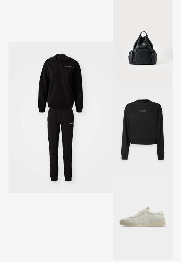 Sort sweatshirt og matchende joggers, lavet af blødt stof. Hættejakke med lynlås, elastiske manchetter og talje. Logo trykt på begge dele.; Sort cropped sweatshirt lavet af blødt stof med lange ærmer og rund halsudskæring. Gyldent "Armani Exchange"-logo foran.; Lavprofileret hvid sneakers med snøredesign, tekstureret sål og "EMPORIO ARMANI" branding på siden.; Sort læder-rygsæk med snøre, med for- og sidelommer med lynlås, med præget "EA7 Emporio Armani" logo på frontlommen.