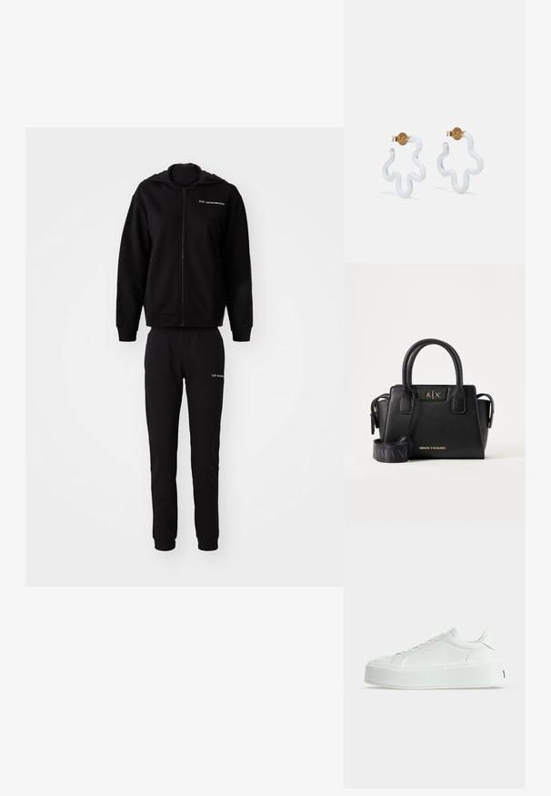 Sort sweatshirt og matchende joggers, lavet af blødt stof. Hættejakke med lynlås, elastiske manchetter og talje. Logo trykt på begge dele.; Hvid lavtop sneaker med tekstureret læder, tyk platåsål og snørelukning, vist i profil på ensfarvet baggrund.; Sort Armani Exchange håndtaske med dobbelte håndtag, gyldent mærkelogo foran og en bred sort justerbar skulderrem med Armani-tekst.; Hvide abstrakte hoops ørestikker med et bølget design, der har hardware i guldtoner. Glat tekstur, lette og legende former.