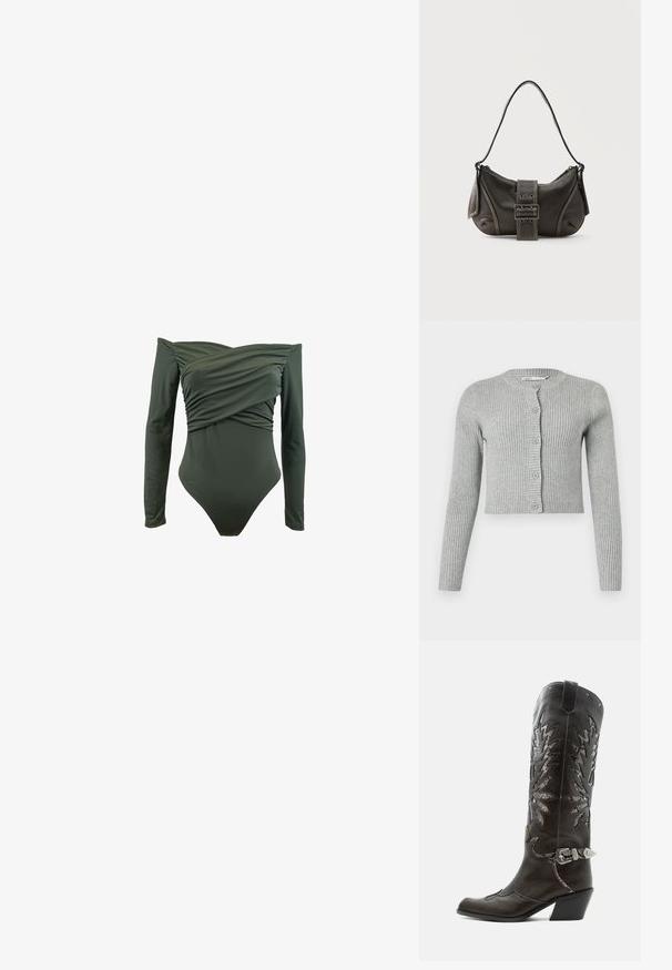 Langærmet badedragt i mørkegrøn. Har et indviklet frontdesign og glat tekstur. Lavet af strækbart materiale for komfort.; Grå ribbet cardigan med lange ærmer, knapfront og rund halsudskæring. Har en cropped design og blød tekstur.; Sort læder cowboystøvle med dekorative udskæringer, sølvspænde og skrå hæl, vist på hvid baggrund.; Sort læder skuldertaske med spænde på remmen, afrundede kanter og kontrasterende hvide syninger på en ensfarvet baggrund.