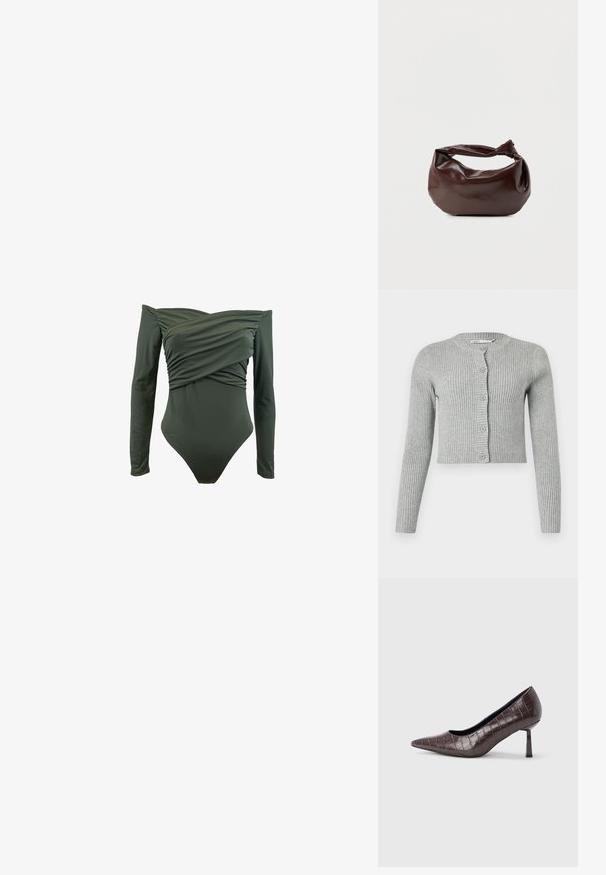 Langærmet badedragt i mørkegrøn. Har et indviklet frontdesign og glat tekstur. Lavet af strækbart materiale for komfort.; Grå ribbet cardigan med lange ærmer, knapfront og rund halsudskæring. Har en cropped design og blød tekstur.; Brune kunstlæder stiletter med spidse tæer og krokodilletekstur, der har en slank, vinklet hæl og en glat inderside.; Mørkebrun læder skuldertaske med en blød, afslappet form og et snoet knudehåndtag på en ensartet hvid baggrund.