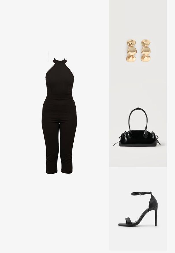 Combinaison noire à col montant, à corsage ajusté et jambes raccourcies. Fabriquée en tissu extensible avec une texture lisse. Aucun fermoir visible.; Sandale noire à talons hauts au design épuré, avec une bride au niveau de la cheville, un bout ouvert et une texture en cuir lisse.; Petit sac à main noir brillant avec deux longues anses et des détails à cordon sur les côtés sur un fond clair uni.; Boucles d’oreilles pendantes ton or avec trois segments irréguliers, lisses et arrondis empilés verticalement sur un fond clair uni.