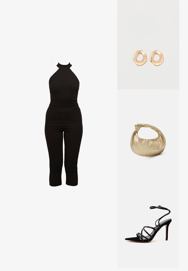 Combinaison noire à col montant, à corsage ajusté et jambes raccourcies. Fabriquée en tissu extensible avec une texture lisse. Aucun fermoir visible.; Sandale noire à talon haut, bout pointu, fines brides croisées et bride de cheville avec boucle dorée sur un fond clair uni.; Sac à main en métal doré avec une texture lisse et brillante. Il possède une anse nouée et une forme arrondie et douce. Fermeture zippée sur le dessus.; Paired boucles d'oreilles en métal doré poli de forme irrégulière avec un centre ouvert sur un fond blanc uni.