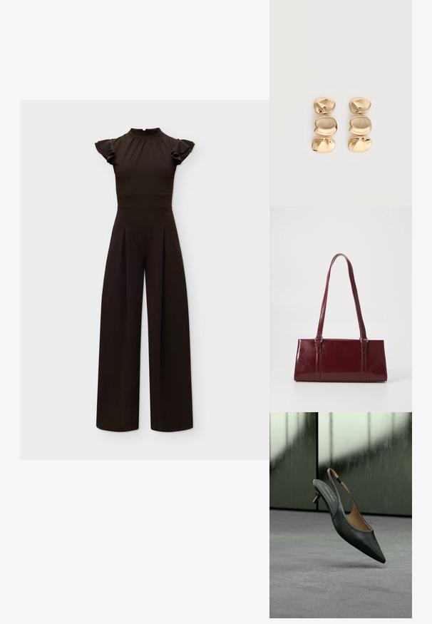 Combinaison noire à col montant avec manches courtes à volants, taille cintrée et pantalons à jambes larges sur fond clair uni.; Chaussure slingback à talon kitten noire à bout pointu, avec une fine bride et une étiquette « ANNA FIELD » sur la semelle intérieure, sur un fond gris flou.; Sac à main bordeaux en matériau brillant, de forme rectangulaire, avec deux anses et des accents légèrement courbés à l'avant.; Boucles d’oreilles pendantes ton or avec trois segments irréguliers, lisses et arrondis empilés verticalement sur un fond clair uni.
