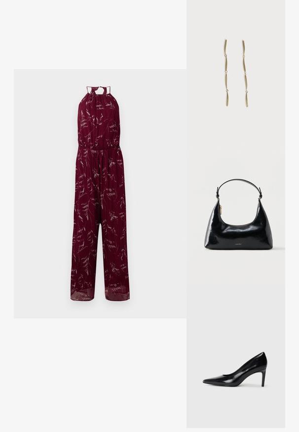 Μπράντυ jumpsuit με λαιμόκοψη τύπου halter, ελαστική μέση και λεπτά λευκά φυλλώματα. Ελαφρύ υλικό με φαρδιά πόδια.; Μαύρο δερμάτινο ψηλοτάκουνο παπούτσι με μυτερή μύτη, λεία υφή και κοφτό τακούνι. Μινιμαλιστικός σχεδιασμός, χωρίς επιπρόσθετες διακοσμήσεις.; Μαύρη γυαλιστερή τσάντα Calvin Klein με χρυστό φερμουάρ και κοντό λουρί σε απλό λευκό φόντο.; Μεγάλα χρυσά σκουλαρίκια αποτελούμενα από τέσσερις επιμηκυμένες συνδεδεμένες καμπυλωτές ράβδους σε λευκό φόντο.