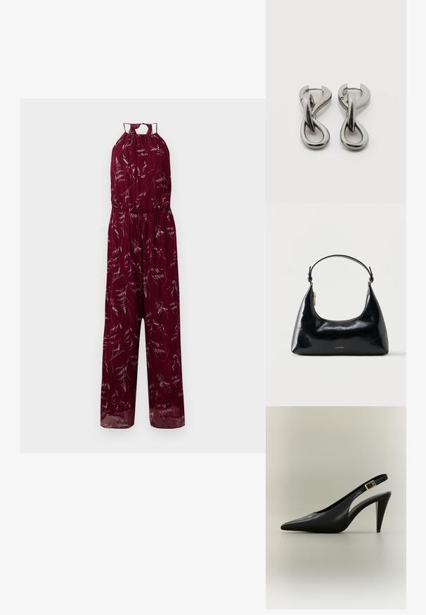 Bordeaux jumpsuit met halternek, elastische tailleband en delicate witte bladerenpatronen. Lichtgewicht stof met wijde benen.; Zwarte leren slingback pumps met een puntige neus, een gouden gesp en een taps toelopende hak tegen een neutrale achtergrond.; Zwarte glanzende Calvin Klein handtas met gouden rits en korte band tegen een effen witte achtergrond.; Set zilverkleurige metalen oorbellen met een abstract ontwerp van in elkaar grijpende lussen op een witte achtergrond.
