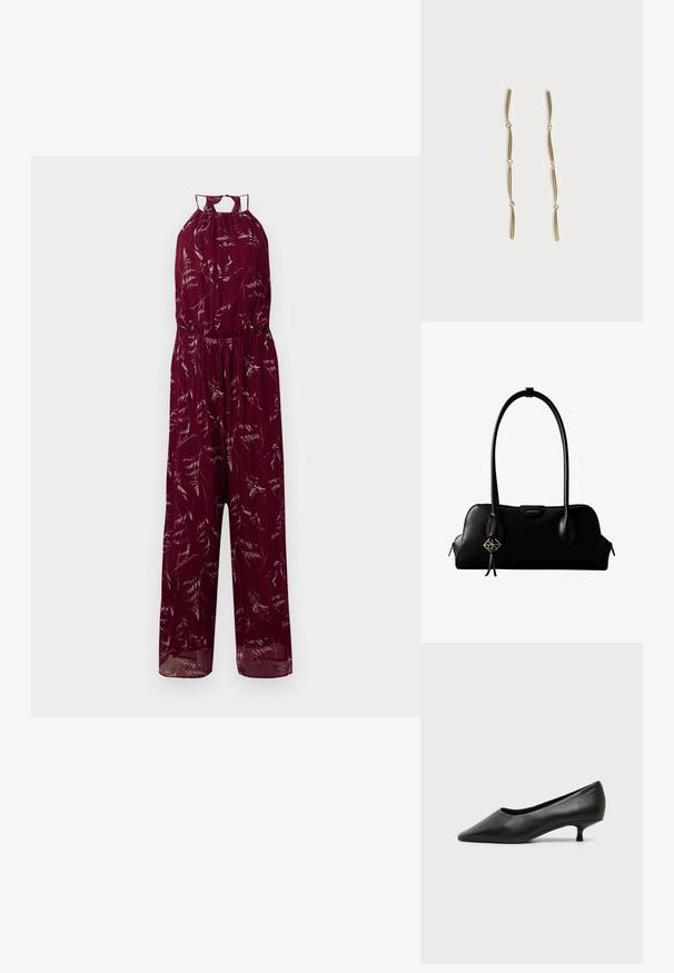 Bordeaux jumpsuit med halterneck, elastisk talje og delikate hvide bladmønstre. Letvægtsstof med brede ben.; Sort lavhælet damesko i læder med spids tå og lille kitten heel på ensfarvet lys baggrund.; Sort lædertaske fra Calvin Klein med lange håndtag, en forside-logo-tag og en sølv geometrisk vedhæng, der hænger fra det ene håndtag.; Lange guldøreringe bestående af fire forlængede sammenkædede buede stænger på en hvid baggrund.