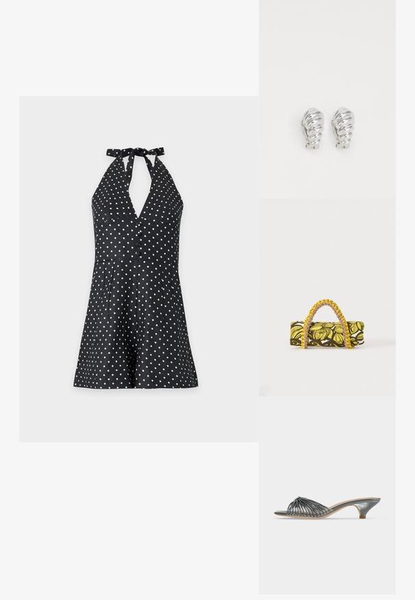 Μαύρο ολόσωμο μαγιό τύπου halter neck με λευκές βούλες, κουμπιά μπροστά και ελαφρώς φαρδιά σορτς σε απλό ανοιχτό φόντο.; Μεταλλιζέ ασημί mule με ανοιχτά δάχτυλα, χαμηλό τακουνάκι kitten και πολλαπλά λεπτά λουράκια που σχηματίζουν πλεκτό σχέδιο στο πόδι.; Ορθογώνια τσάντα με κίτρινο και μαύρο λουλουδάτο σχέδιο και πλεκτή κίτρινη και ροζ χειρολαβή σε λευκό φόντο.; Ασημένια σκουλαρίκια με κλιπ σε σχήμα σπείρας, με απλή μεταλλική υφή και στρογγυλά σχήματα. Χωρίς ορατές διακοσμήσεις ή μοτίβα.