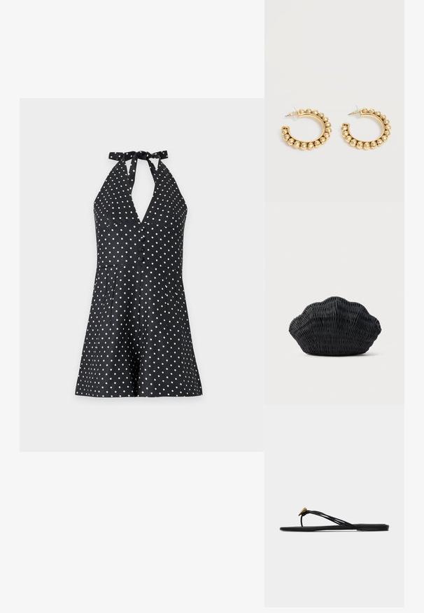 Sort halterneck-playsuit med hvide polkaprikker, knapper foran og let udvidede shorts på en ensfarvet lys baggrund.; Sort flad thong-sandal med flere tynde stropper og en lille guldfarvet dråbeformet dekoration på den forreste rem.; Sort flet håndtaske formet som en muslingeskal med en buet top og flettet tekstur på en ensfarvet baggrund.; Et par guldfarvede creoler med afrundede perle-detaljer langs den ydre kant på en lys baggrund.