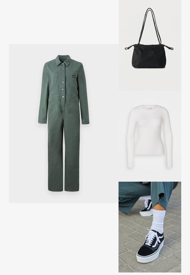 Combinaison en coton vert avec manches longues, boutons à l'avant, deux poches poitrine et une coupe droite. Comprend un patch logo sur la poitrine.; Haut à manches longues blanc en tissu côtelé avec un col rond. Le tissu est lisse, avec une texture subtile et une coupe ajustée. Pas de matériel ou de motifs visibles.; Baskets en suède noir avec des accents et des lacets blancs, présentant une épaisse semelle blanche et des coutures contrastantes, associées à une chaussette blanche.; Sac bandoulière en denim noir avec doubles sangles en corde et extrémités nouées de chaque côté, posé sur un fond blanc uni.