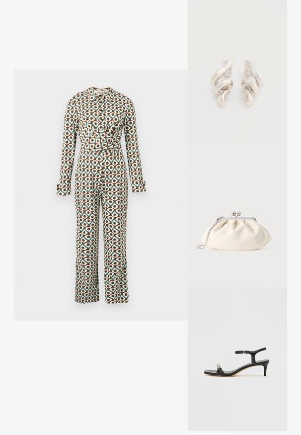 Combinaison à manches longues avec fermeture boutonnée sur le devant, motif géométrique circulaire marron, turquoise et blanc, détail noué à la taille et pantalons à jambes larges.; Sandale noire en cuir à talon avec bride à la cheville, bout ouvert, devant carré et accent en métal argenté. Design ajusté avec un profil élégant.; Pochette en tissu crème avec un design froncé, cadre en métal argenté, deux boules décoratives, et une bandoulière chaîne argentée.; Boucles d'oreilles clips en métal argenté torsadé avec une finition lisse et brillante, présentant un design moderne et abstrait en spirale.
