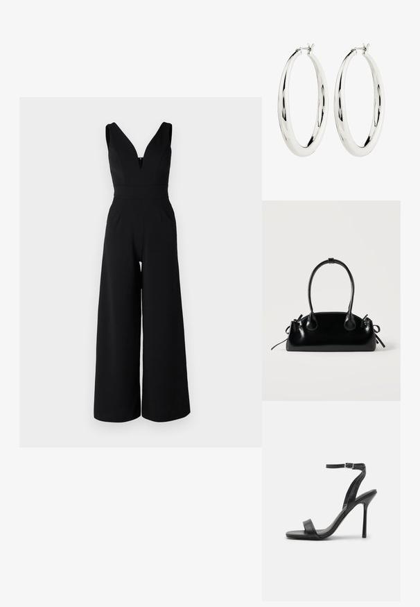 WAL G PETITE LIVA - Buksedragter - black; Sort højhælet sandal med en slank ankelrem og to forreste bånd. Lavet af glat læder med en slank spids tå og stilettohæl.; Lille sort blank håndtaske med to lange håndtag og snøre-detaljer i siden på en ensfarvet lys baggrund.; Sølv hoops øreringe med en glat, reflekterende overflade. Rund, stor form med en sikker lås øverst. Den polerede finish fremhæver glansen.
