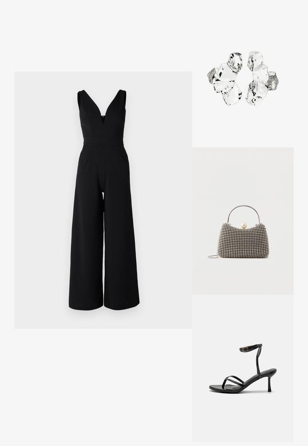 WAL G PETITE LIVA - Overal - black; Čierne vysoké podpätky sandále s úzkym dizajnom remienka, hladkou textúrou, rozopínaním na členku a špicatou špičkou. Detail nastaviteľného remienka na členku.; Malá kabelka so vzorom striebornej mriežky, zahnutým uchom, veľkou perlovou sponou a tenkým strieborným reťazovým remienkom na obyčajnom pozadí.; Zhluk šiestich nepravidelne tvarovaných priehľadných a odrazu schopných sklenených kúskov usporiadaných na bielom pozadí.