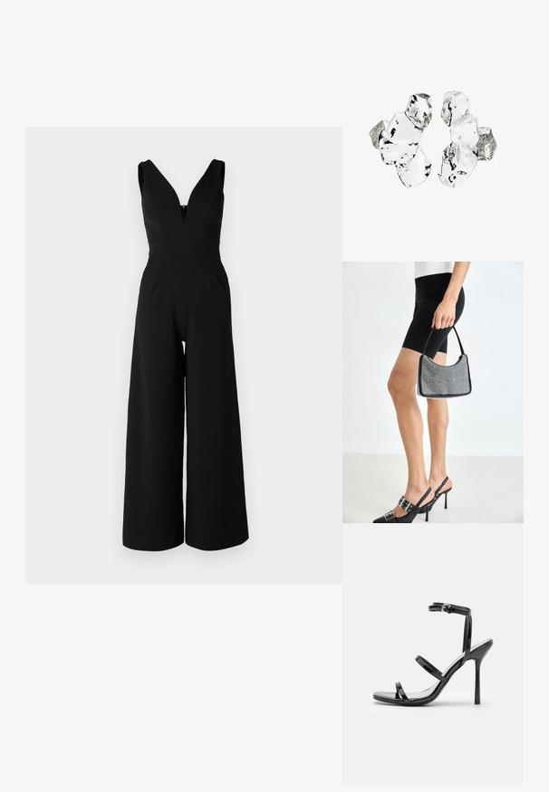 WAL G PETITE LIVA - Buksedragter - black; Sorte patentlæder højhælede sandaler med tre horisontale stropper og en justerbar ankelstrop. Elegant silhuet og skinnende finish.; Sort perlehandtaske med en buet silhuet, bærehåndtag og blank overflade. Båret med højhælede sorte sko og tætsiddende sorte shorts.; Klynge af seks uregelmæssigt formede, gennemsigtige og reflekterende glaslignende stykker arrangeret på en hvid baggrund.