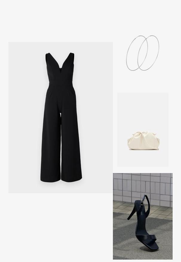 WAL G PETITE LIVA - Buksedragter - black; Sort højhælet sandal med ankestrop og firkantet tå placeret på fortovet mod en baggrund af flisebelagt væg.; Blød, cremefarvet læder clutch taske med samlet, rynket design og en tynd skulderrem, der hviler foran på en ensfarvet baggrund.; Sølvøreringe med et minimalistisk design. Cirkulær form, glat tekstur og tynd profil. Letvægtige med en poleret overflade.