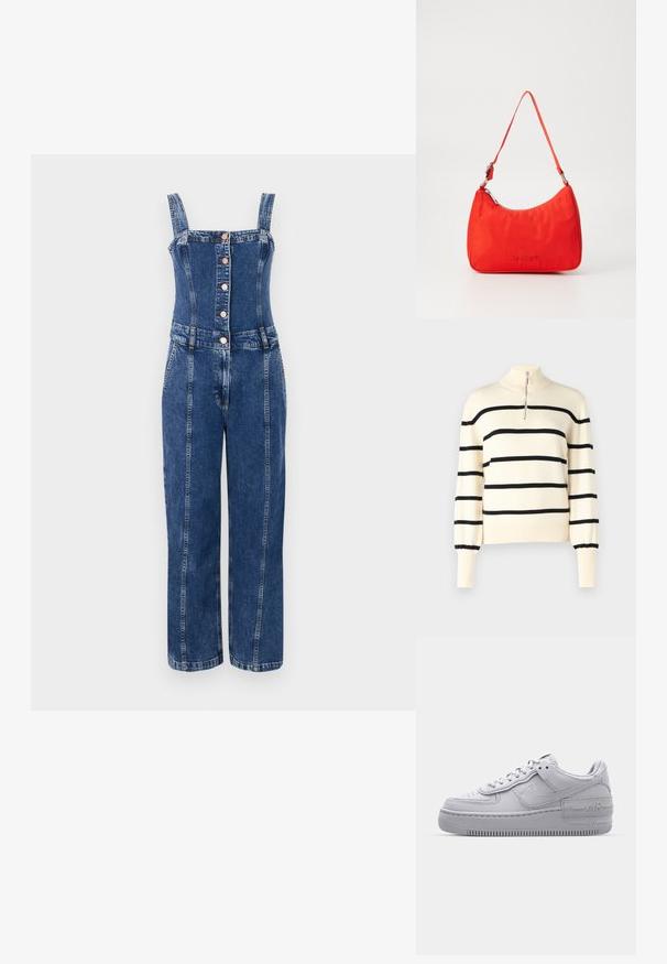 Salopette en denim avec un corsage ajusté, design jambes droites, bretelles réglables, boutons à l'avant et une teinte bleu moyen avec des coutures contrastées.; YAS YASSHANTI PULLOVER - Pullover - birch/black; Basket en cuir lisse gris Nike Air Force 1 avec un bout perforé, une semelle épaisse et un détail 'AIR' en relief sur le talon.; Sac à main en nylon rouge avec une silhouette courbée, une seule anse, des accessoires en métal argenté et un logo embossé à l'avant. Texture lisse.