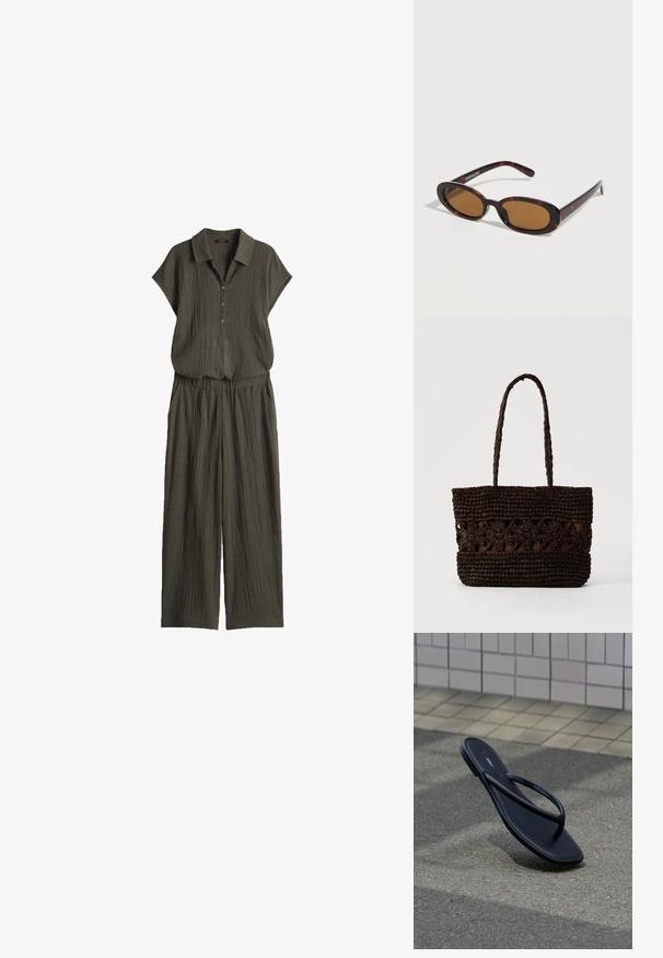 Olijfgroene jumpsuit van gestructureerde stof, met korte mouwen, een kraag, knopen aan de voorkant, een elastische taille en brede broekspijpen.; Een enkele zwarte teenslipper rust op een gestructureerde grijze bestrating naast een beige betegelde muur buiten.; Ovale zonnebril met schildpadmotief, bruine getinte glazen en dunne pootjes, liggend op een wit oppervlak.; Donkerbruine gevlochten draagtas met bloemenpatronen en twee lange gevlochten handgrepen op een effen lichte achtergrond.